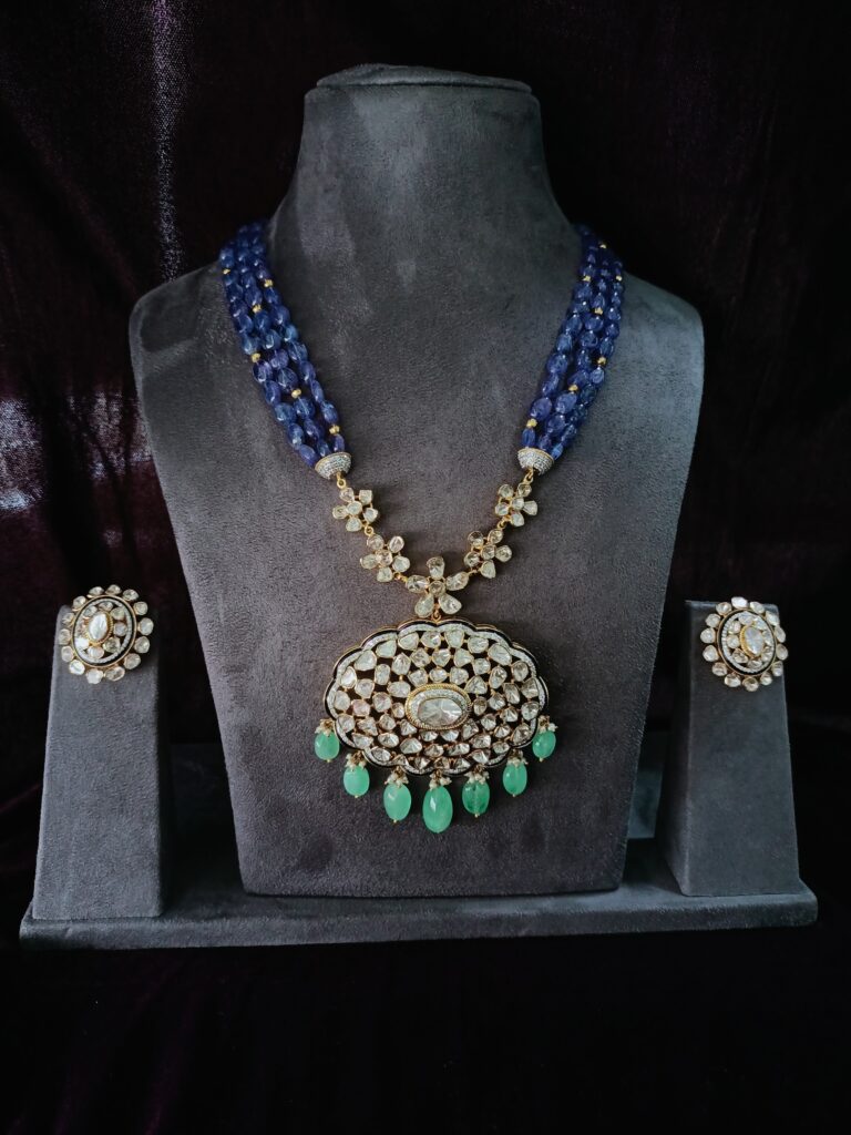 Polki Russian Emerald Necklace With Tanzanite Strings