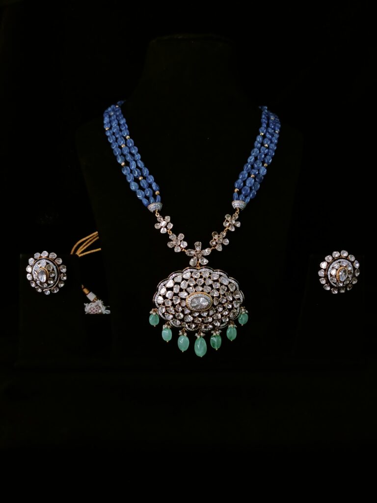 Polki Russian Emerald Necklace With Tanzanite Strings
