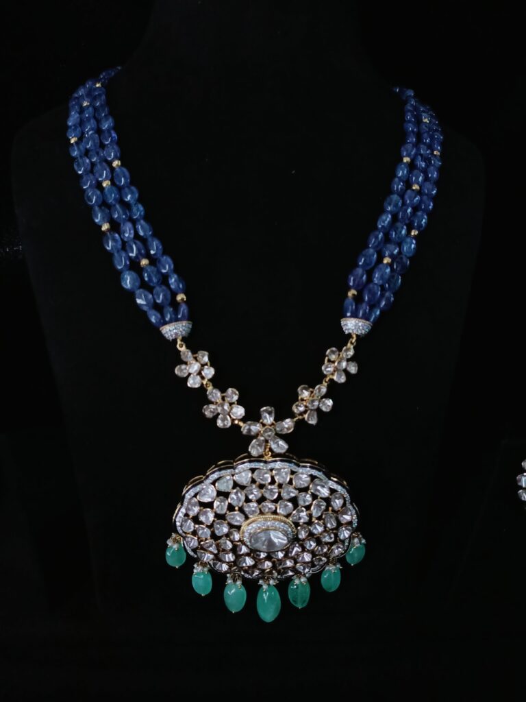Polki Russian Emerald Necklace With Tanzanite Strings